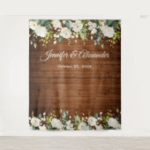 白いバラとグリーンのウェディング フォトブース 背景 タペストリー (正面)