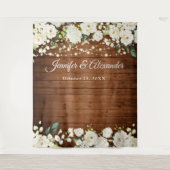 白いバラとグリーンの結婚式写真ブース背景 タペストリー (正面)