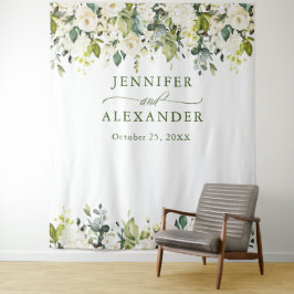 白いバラとグリーンの結婚式写真ブース背景 タペストリー