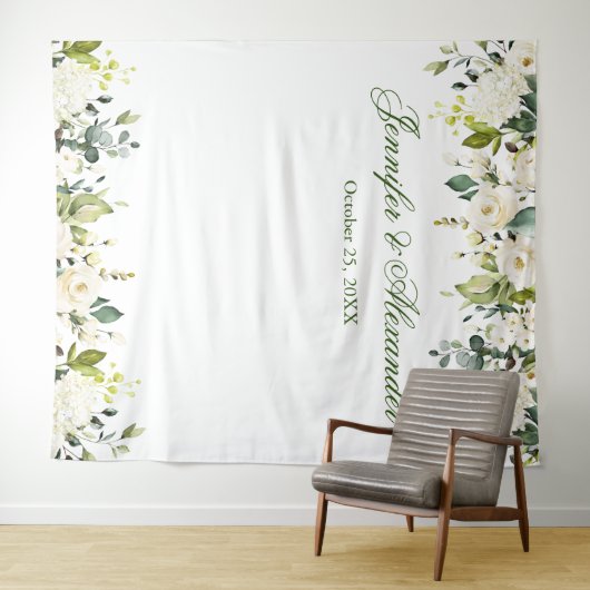 白いバラとグリーンの結婚式写真ブース背景 タペストリー (インサイチュ(横))