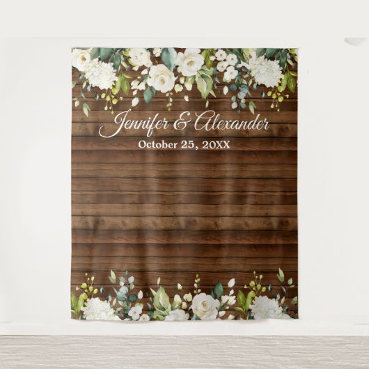 白いバラとグリーンウェディング フォトブース背景 タペストリー (正面)