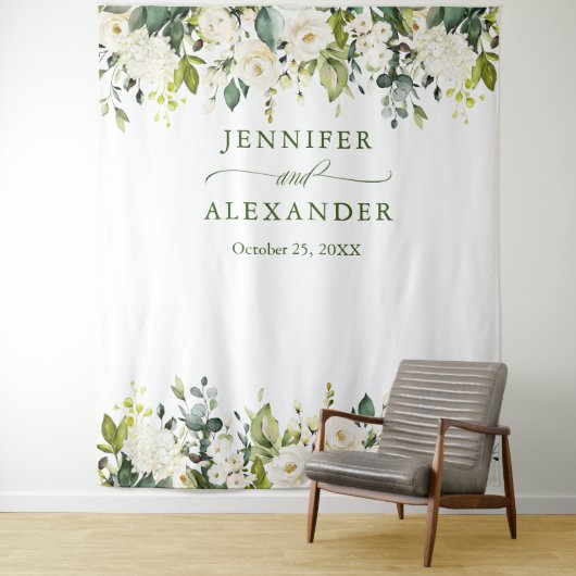 白いバラとグリーンウェディング フォトブース背景 タペストリー (インサイチュ)