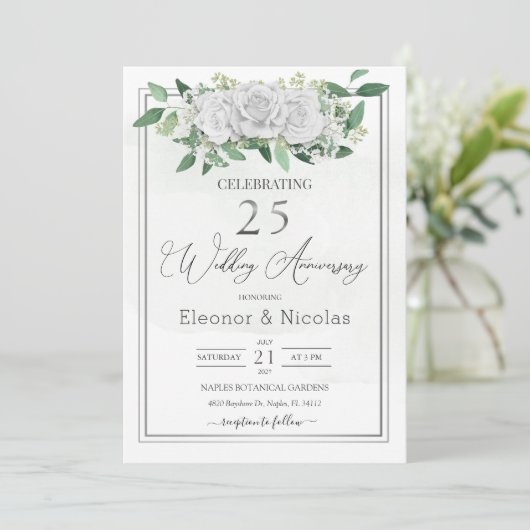 白いバラとグリーン 25周年結婚記念日 招待状 (スタンド正面)