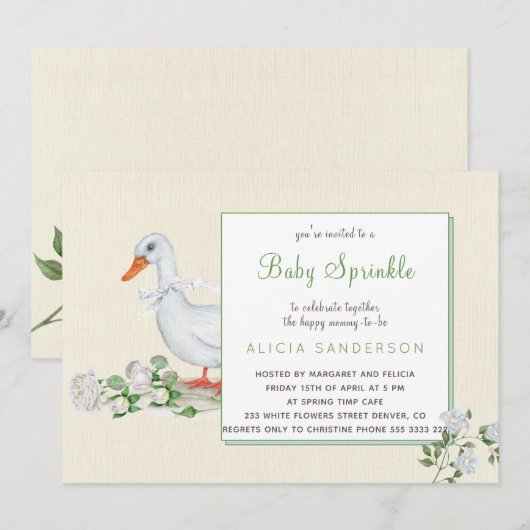 白いバラとグース ヴィンテージ ベイビー スプリンクル インビテ 招待状 (正面/裏面)