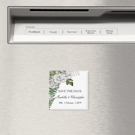 白いバラとシダの結婚式の日付を保存 マグネット (インサイチュ (食洗機))