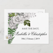 白いバラとシダの結婚式の日付を保存 案内ポストカード (正面/裏面)
