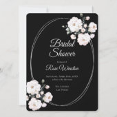 白いバラとシルバーの指輪 黒のウェディングシャワーのお知らせ 招待状 (正面)