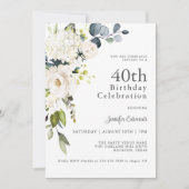 白いバラとハイドランジアのエレガントな40歳の誕生日 招待状 (正面)