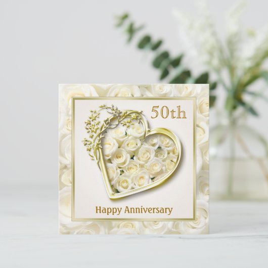白いバラとハートの50周年結婚記念日 招待状 (スタンド正面)