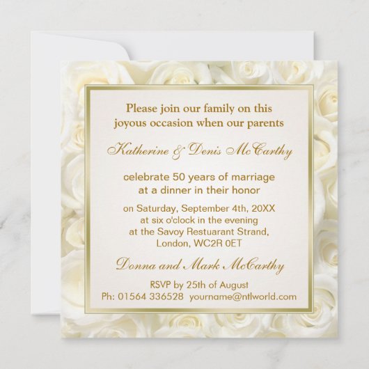 白いバラとハートの50周年結婚記念日 招待状 (裏面)