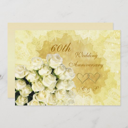 白いバラとハートの60周年結婚記念日 招待状 (正面/裏面)