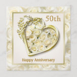 白いバラとハート50周年結婚を迎える 招待状<br><div class="desc">白いバラが金ゴールドのハート飾に花の渦巻き。</div>
