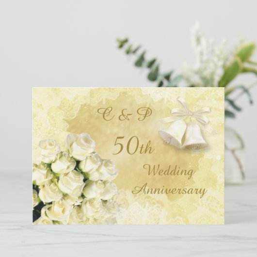 白いバラとベル50周年結婚を迎える 招待状 (スタンド正面)