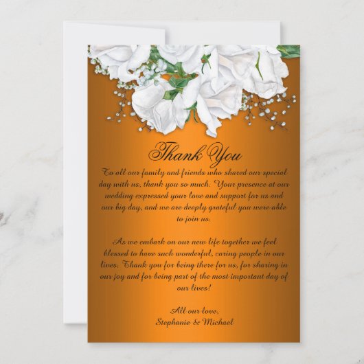 白いバラとメタリックオレンジ結婚ズ サンキューカード (正面)