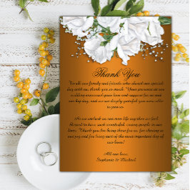 白いバラとメタリックオレンジ結婚ズ サンキューカード