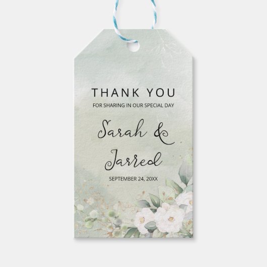 白いバラとユーカリの葉のウェディング ギフトタグ (正面)