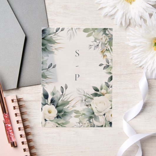 白いバラとユーカリ縁ど ベラム紙招待状 (ウェディング)