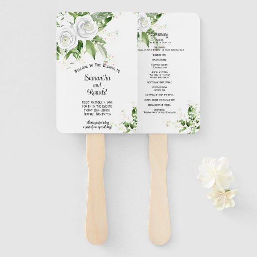 白いバラとワイルドフラワーのウェディングプログラム ハンドファン (正面&裏面)