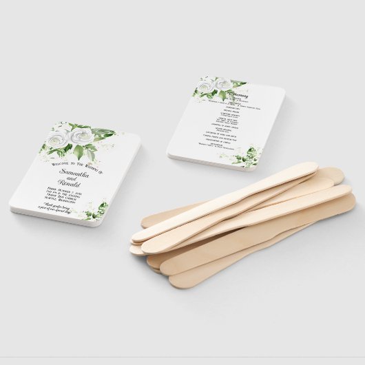 白いバラとワイルドフラワーのウェディングプログラム ハンドファン (組立なし)