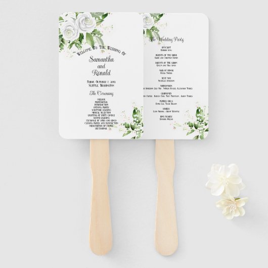 白いバラとワイルドフラワーのウェディングプログラム ハンドファン (正面&裏面)