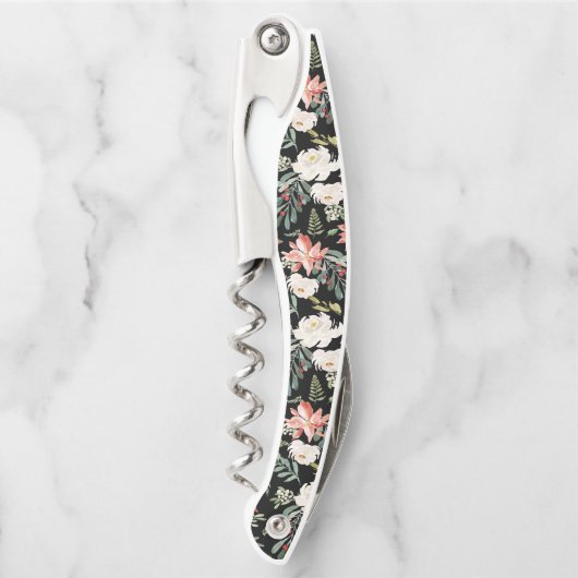 白いバラと冬緑の葉のクリスマスパターン ソムリエナイフ (正面)