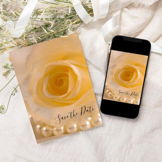 白いバラと真珠の結婚式の日付を保存 招待状