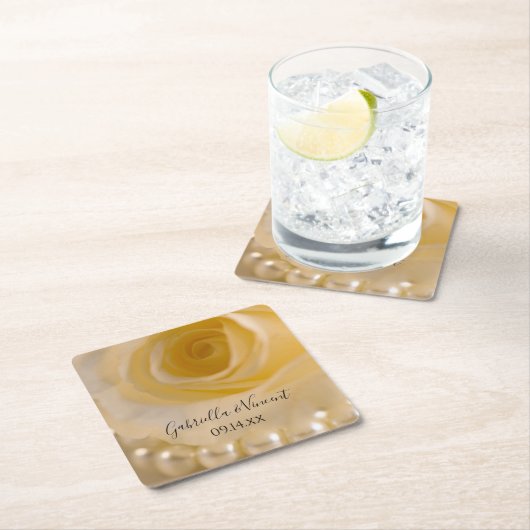 白いバラと結婚真珠 スクエアペーパーコースター (インサイチュ)