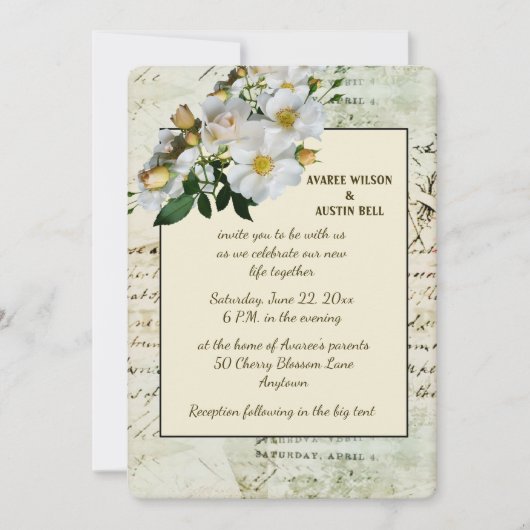 白いバラと緑のヴィンテージフレーム 招待状 (正面)