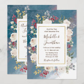 白いバラと赤い実が青い背景に映えるクリスチャン結婚式 招待状 (正面/裏面)