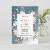 白いバラと赤い実の青い背景のクリスチャン結婚式 招待状 (スタンド正面)