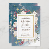 白いバラと赤い実の青い背景のクリスチャン結婚式 招待状 (正面/裏面)