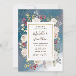 白いバラと赤い実の青い背景のクリスチャン結婚式 招待状