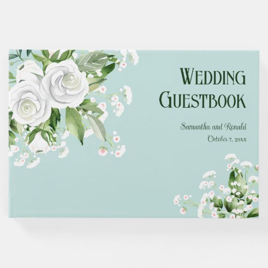 白いバラと赤ちゃんの息の青淡い色のい結婚の ゲストブック (正面)