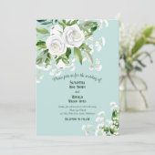 白いバラと赤ちゃんの息の青淡い色のい結婚の 招待状 (スタンド正面)