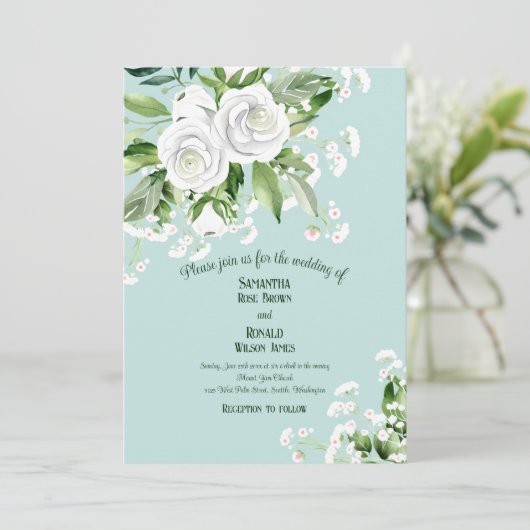 白いバラと赤ちゃんの息の青淡い色のい結婚の 招待状 (スタンド正面)