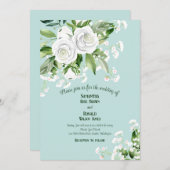 白いバラと赤ちゃんの息の青淡い色のい結婚の 招待状 (正面/裏面)