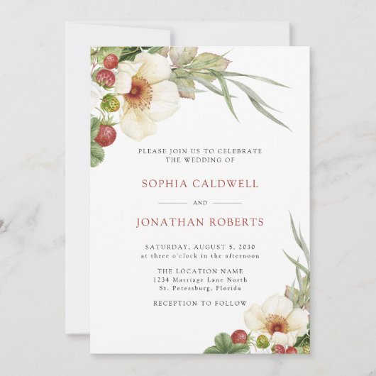 白いバラと野生のストロベリ結婚ズ 招待状 (正面)