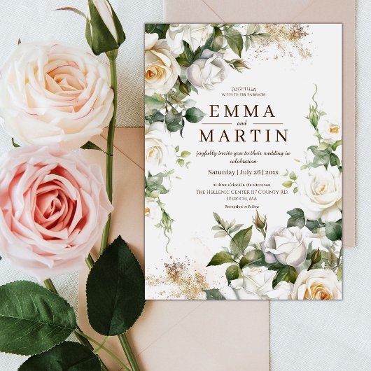 白いバラと金ゴールドエレガントダストフラ結婚ーズ 招待状