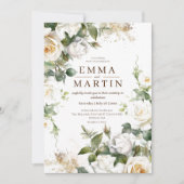 白いバラと金ゴールドエレガントダストフラ結婚ーズ 招待状 (正面)