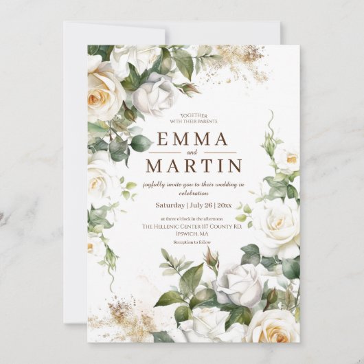 白いバラと金ゴールドエレガントダストフラ結婚ーズ 招待状 (正面)