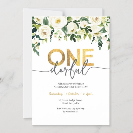 白いバラと金ゴールド1ダーフル誕生日招待状 マグネット招待状 (正面)