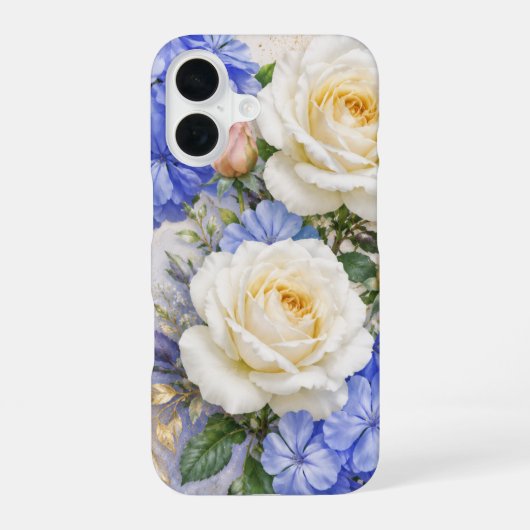 白いバラと青い花柄のエレガントなiPhoneケース iPhone 16ケース (裏面)