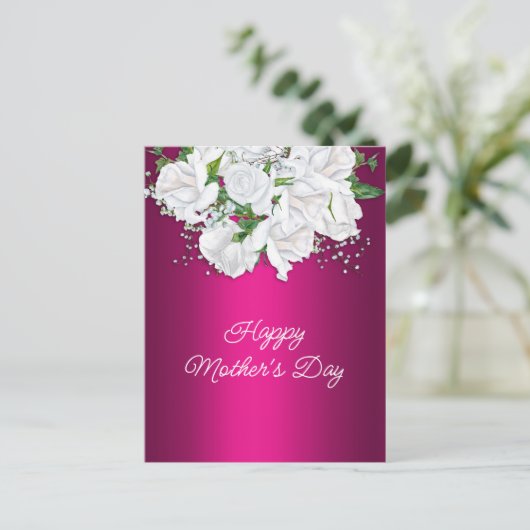 白いバラと鮮やかピンクの母の日 ポストカード (スタンド正面)