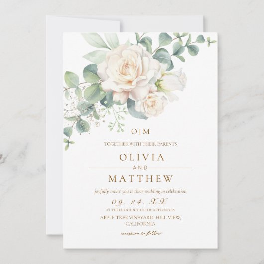 白いバラのエレガントな花の結婚式 招待状 (正面)