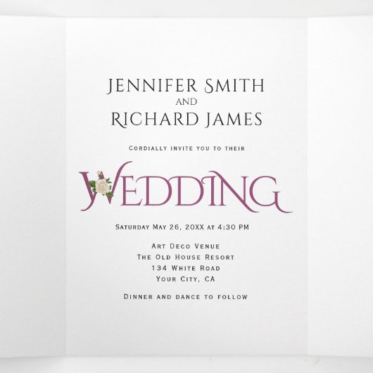 白いバラのカシス紫のアンパサンド結婚。 三つ折り招待状 (内部中)