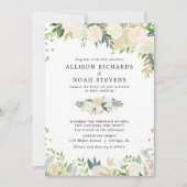 白いバラのクリーム色の金ゴールドのエレガントな花の結婚式 招待状 (正面)