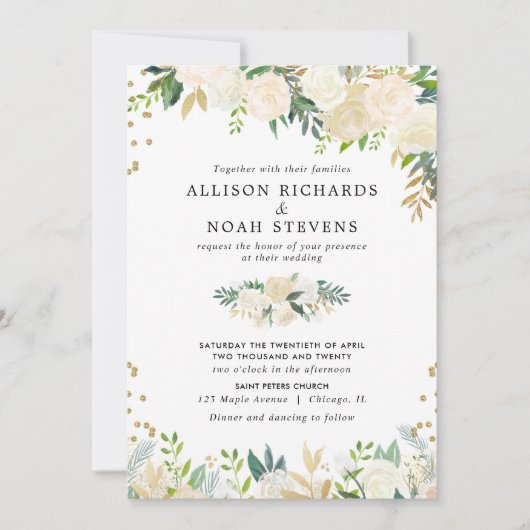白いバラのクリーム色の金ゴールドのエレガントな花の結婚式 招待状 (正面)