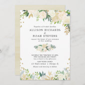 白いバラのクリーム色の金ゴールドのエレガントな花の結婚式 招待状 (正面/裏面)