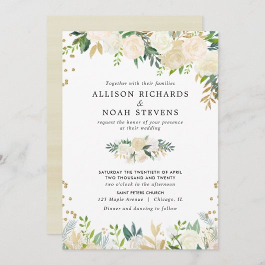 白いバラのクリーム色の金ゴールドのエレガントな花の結婚式 招待状 (正面/裏面)