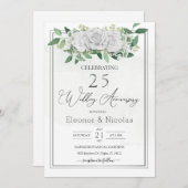 白いバラのグリーン 25周年記念結婚式 招待状 (正面/裏面)